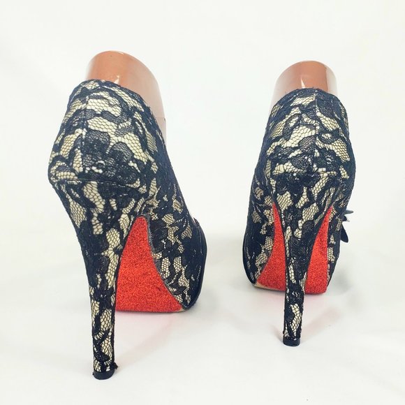 Mojo Moxy Black Floral Lace Platform Stiletto Glitter Heels Size 9 SH1346 - Picture 6 of 8